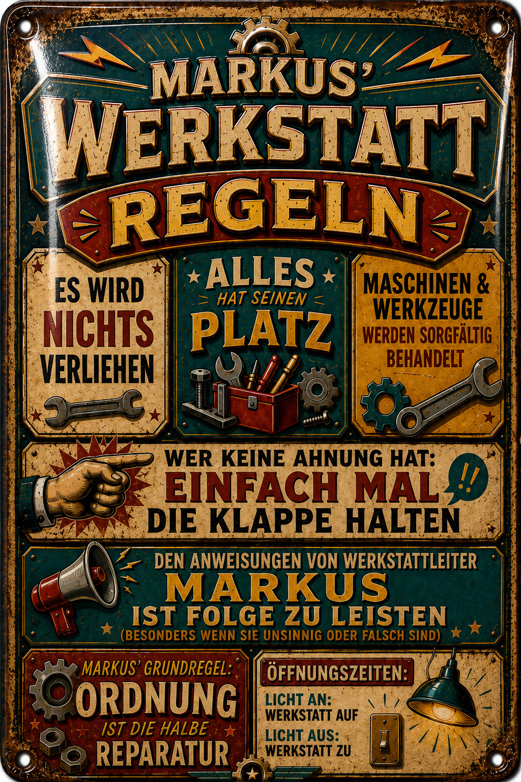 Werkstattregeln – Alles hat seinen Platz – personalisiertes Leotie Metallschild, 20 × 30 cm – Motivansicht