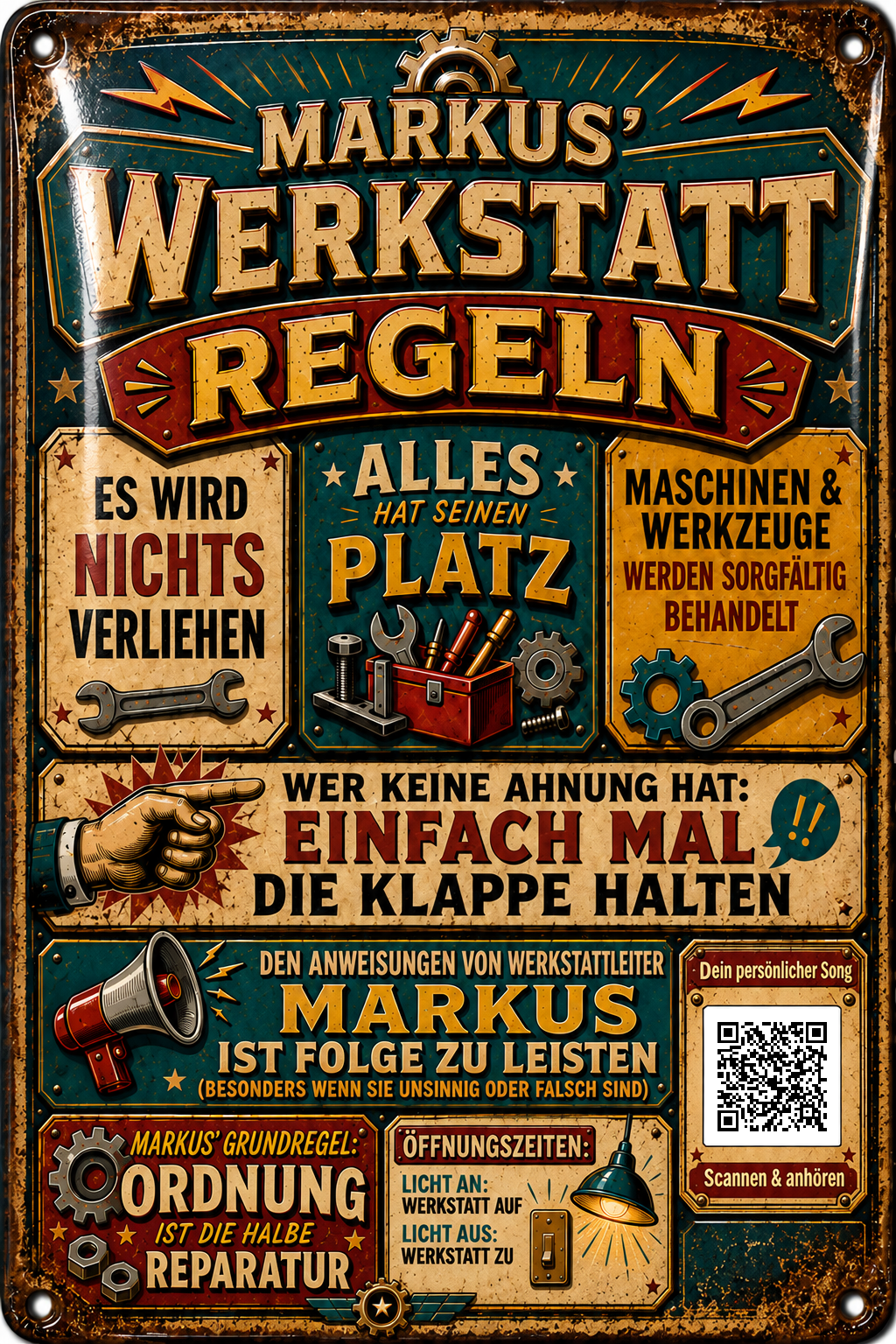 Werkstattregeln – Alles hat seinen Platz – personalisiertes Blechschild – Ausführung mit QR-Code für einen persönlichen Song, 20 × 30 cm