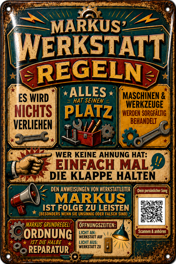 Werkstattregeln – Alles hat seinen Platz – personalisiertes Blechschild – Ausführung mit QR-Code für einen persönlichen Song, 20 × 30 cm