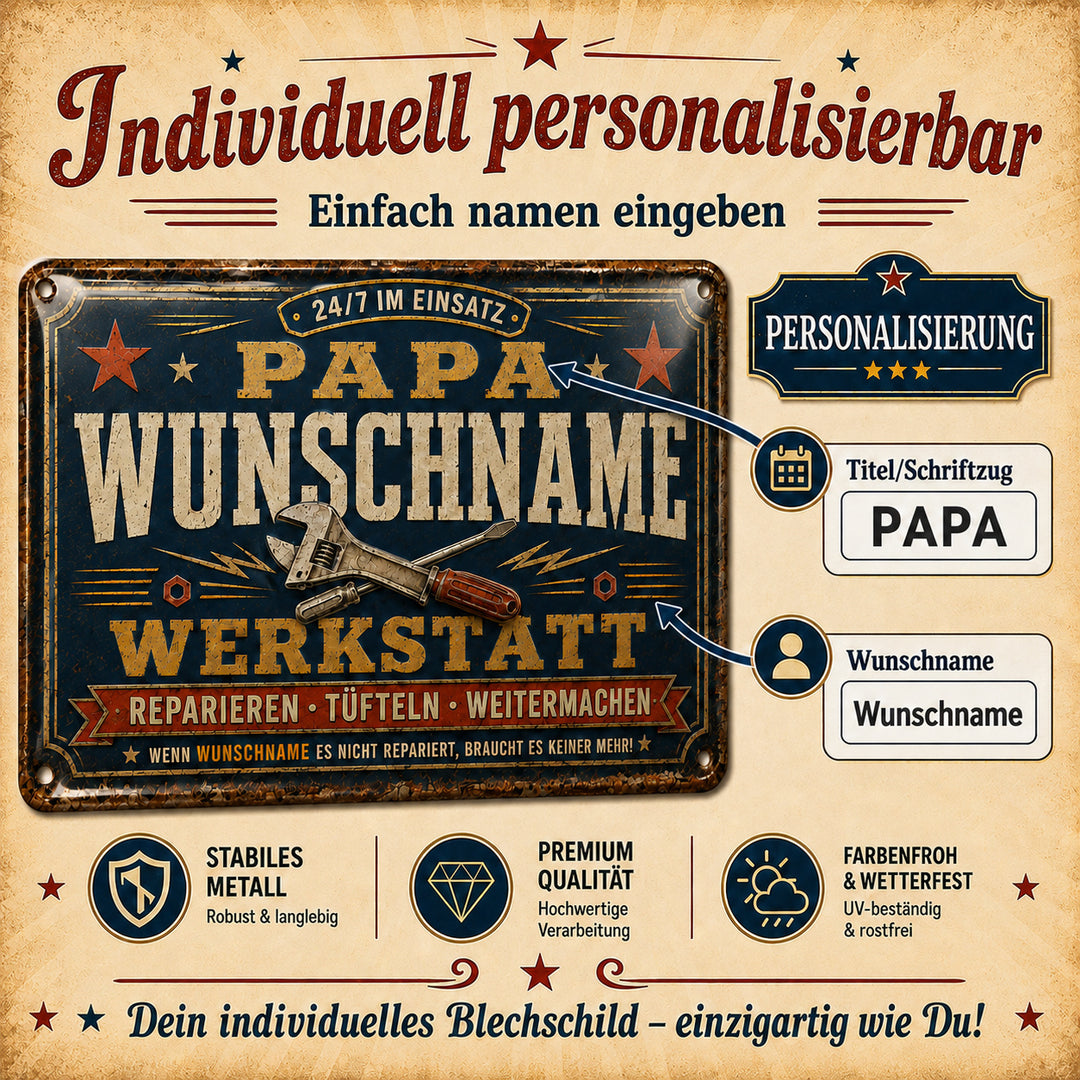 Papas Werkstatt – Reparieren, tüfteln, weitermachen – personalisiertes Leotie Metallschild, 30 × 20 cm – Produktabbildung 2