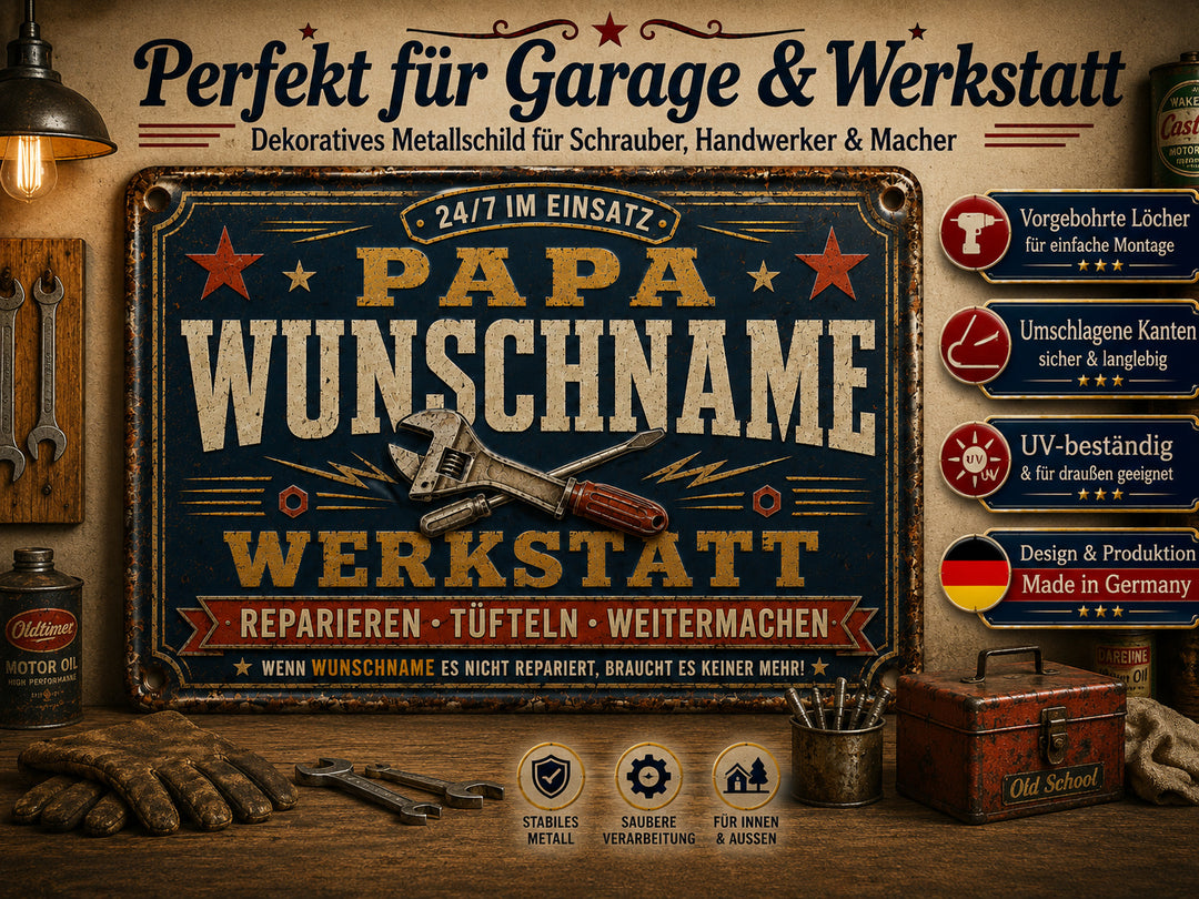 Papas Werkstatt – Reparieren, tüfteln, weitermachen – personalisiertes Leotie Metallschild, 30 × 20 cm – Produktabbildung 3