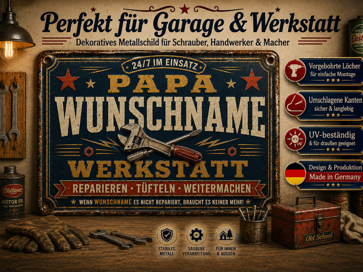 Papas Werkstatt – Reparieren, tüfteln, weitermachen – personalisiertes Leotie Metallschild, 30 × 20 cm – Produktabbildung 3