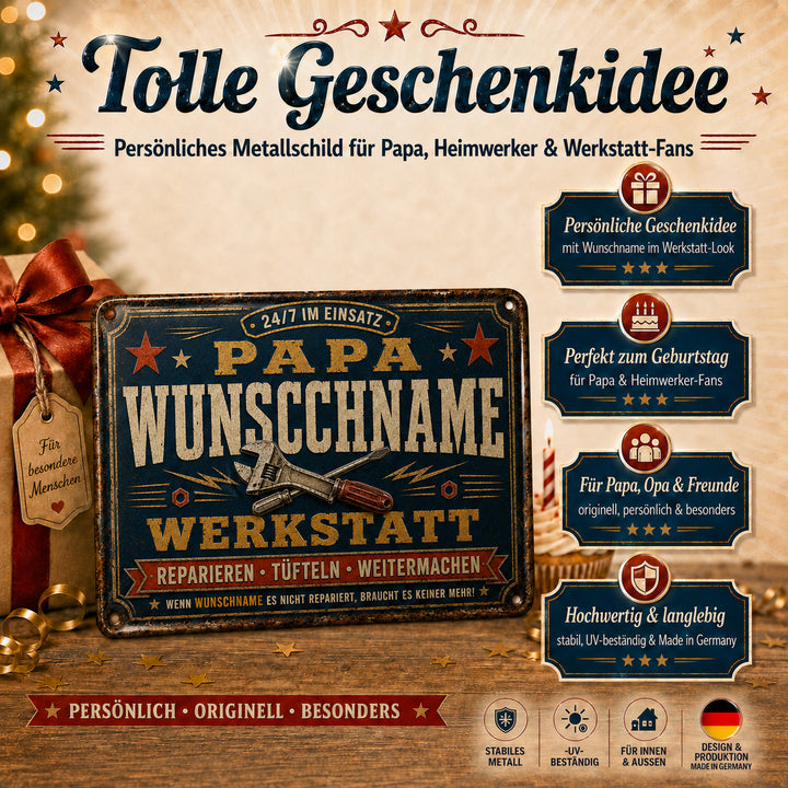 Papas Werkstatt – Reparieren, tüfteln, weitermachen – personalisiertes Leotie Metallschild, 30 × 20 cm – Produktabbildung 4