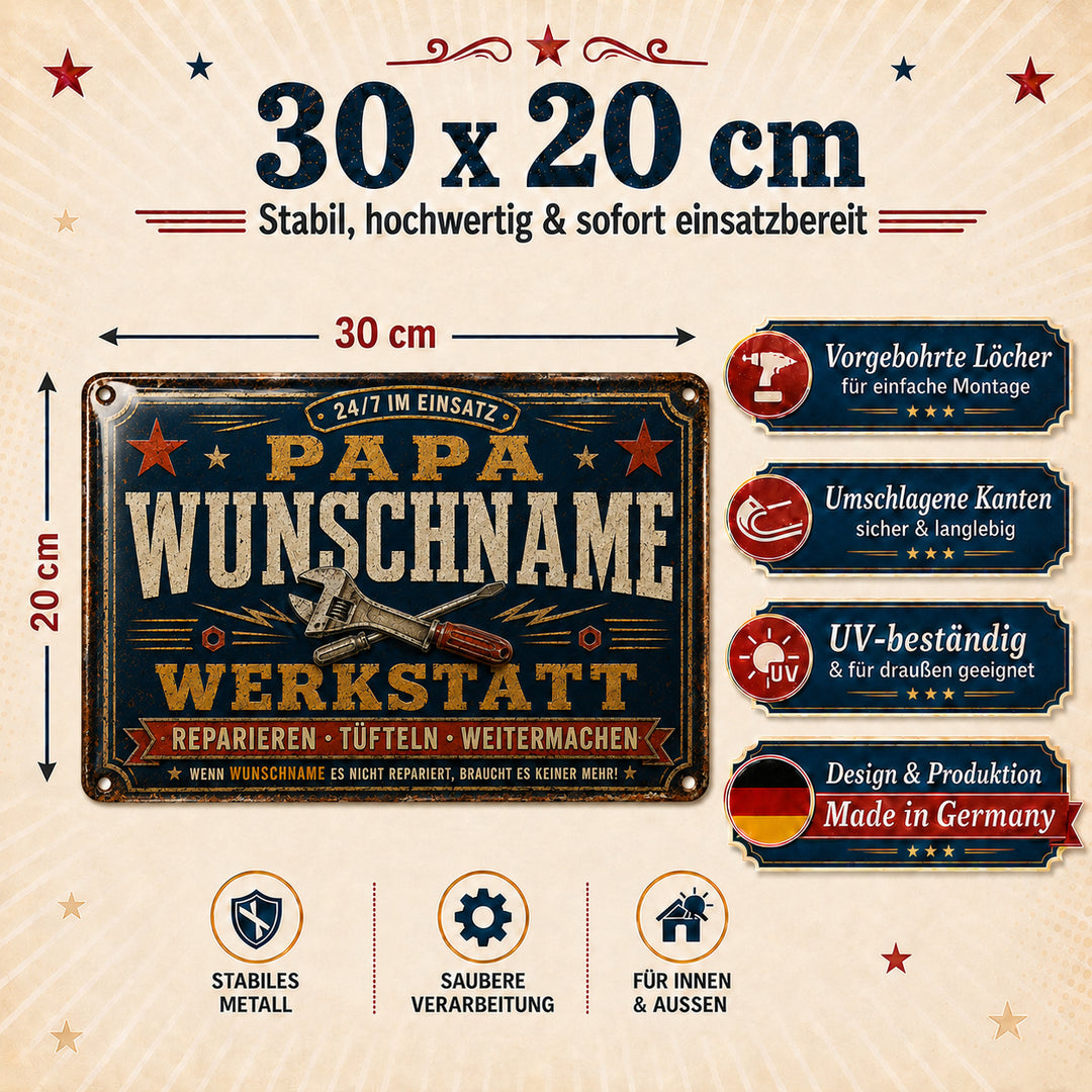 Papas Werkstatt – Reparieren, tüfteln, weitermachen – personalisiertes Leotie Metallschild, 30 × 20 cm – Produktabbildung 5