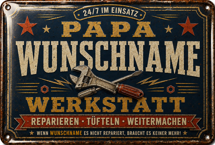 Papas Werkstatt – Reparieren, tüfteln, weitermachen – personalisiertes Leotie Metallschild, 30 × 20 cm – Motivansicht