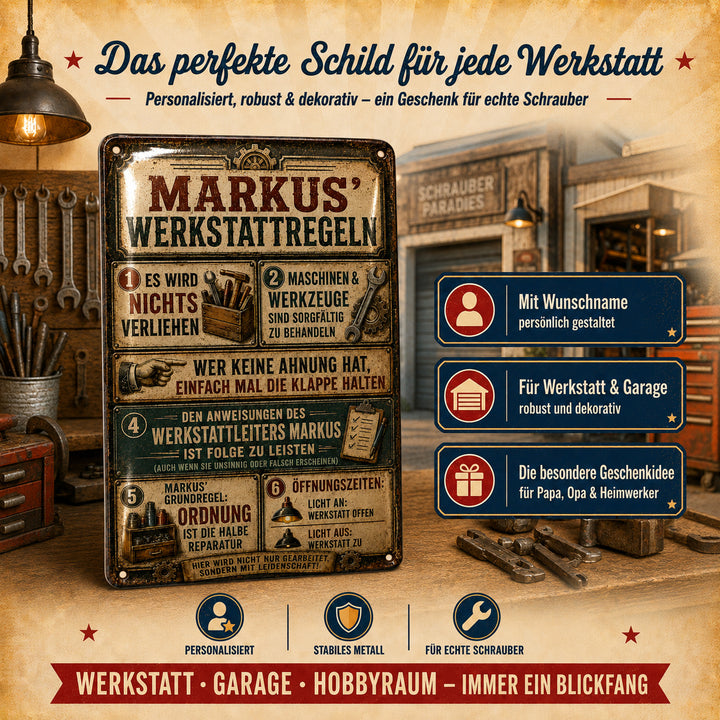Werkstattregeln – Klassische Retro-Tafel – personalisiertes Leotie Metallschild, 20 × 30 cm – Produktabbildung 2
