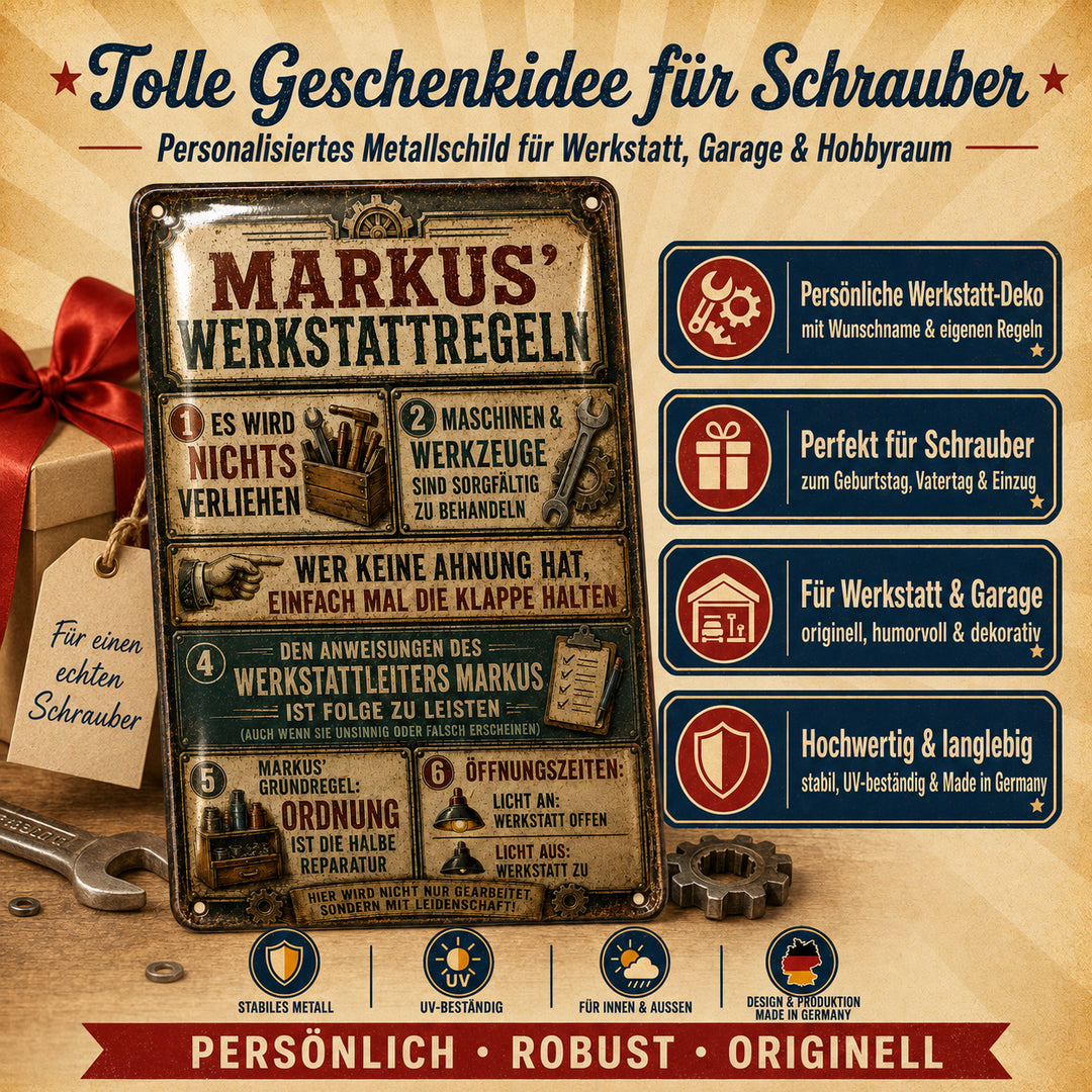 Werkstattregeln – Klassische Retro-Tafel – personalisiertes Leotie Metallschild, 20 × 30 cm – Produktabbildung 4