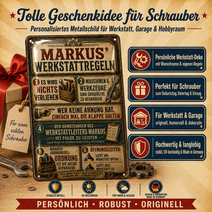 Werkstattregeln – Klassische Retro-Tafel – personalisiertes Leotie Metallschild, 20 × 30 cm – Produktabbildung 4