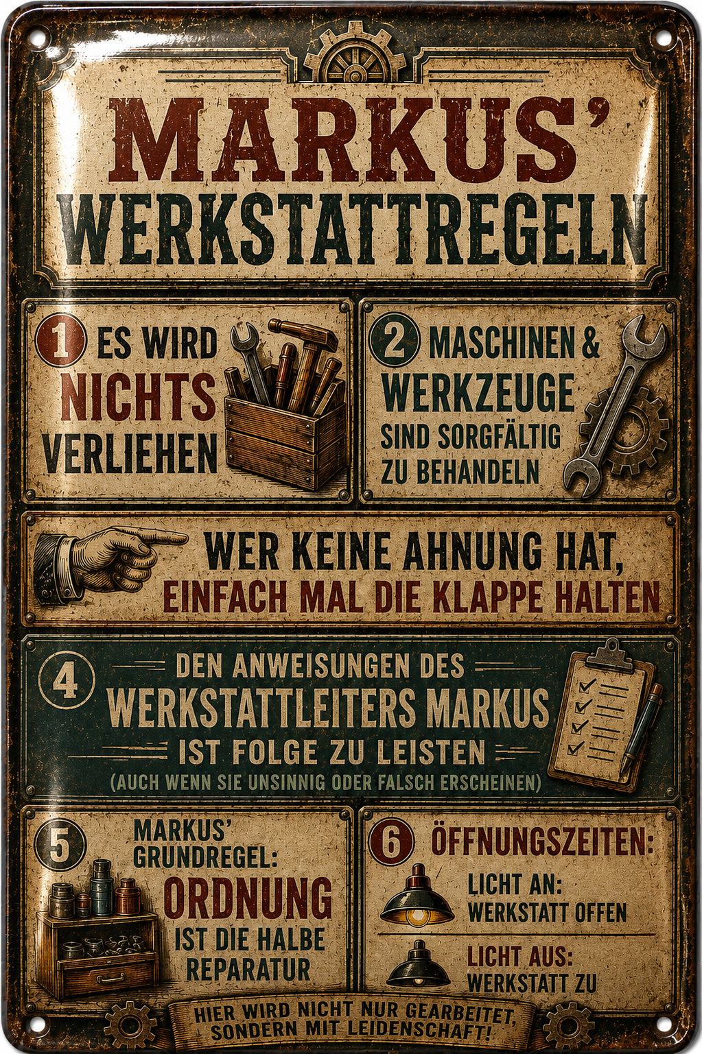 Werkstattregeln – Klassische Retro-Tafel – personalisiertes Leotie Metallschild, 20 × 30 cm – Motivansicht