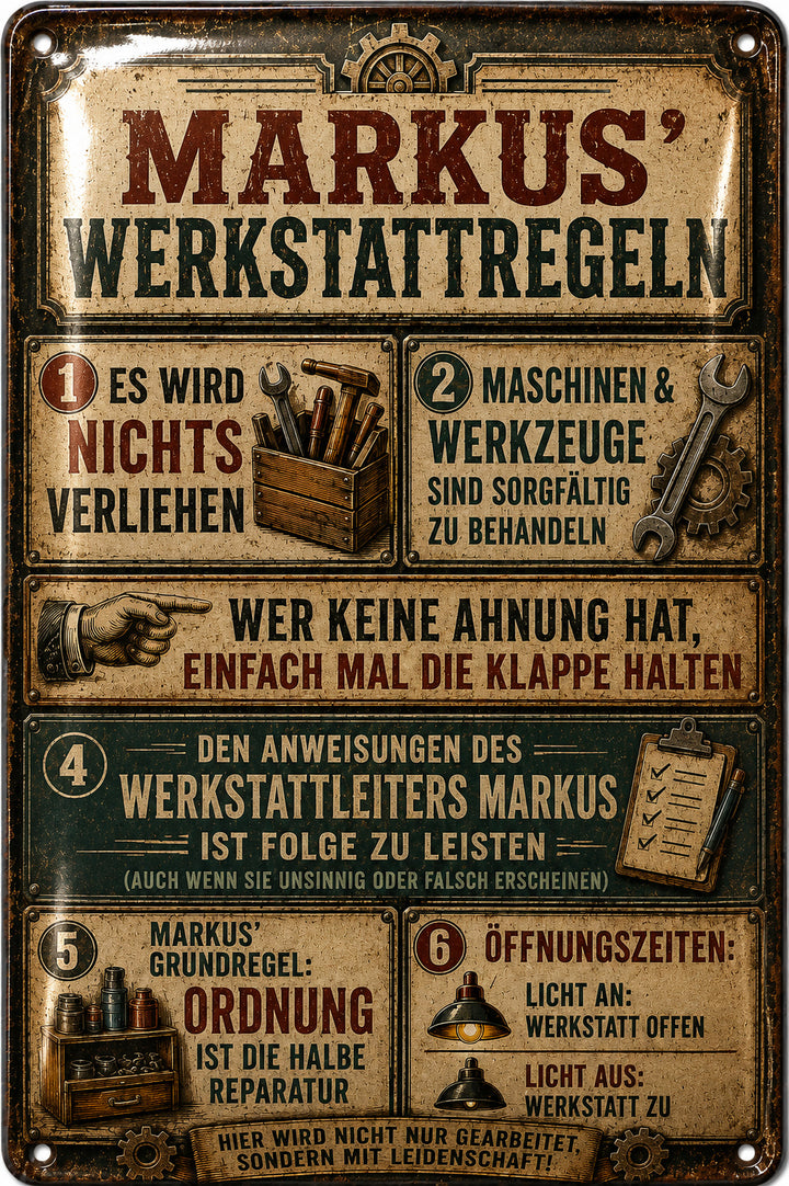 Werkstattregeln – Klassische Retro-Tafel – personalisiertes Leotie Metallschild, 20 × 30 cm – Motivansicht