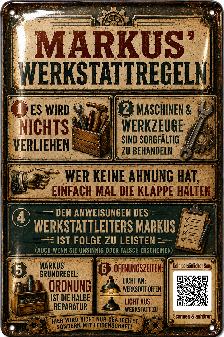 Werkstattregeln – Klassische Retro-Tafel – personalisiertes Blechschild – Ausführung mit QR-Code für einen persönlichen Song, 20 × 30 cm