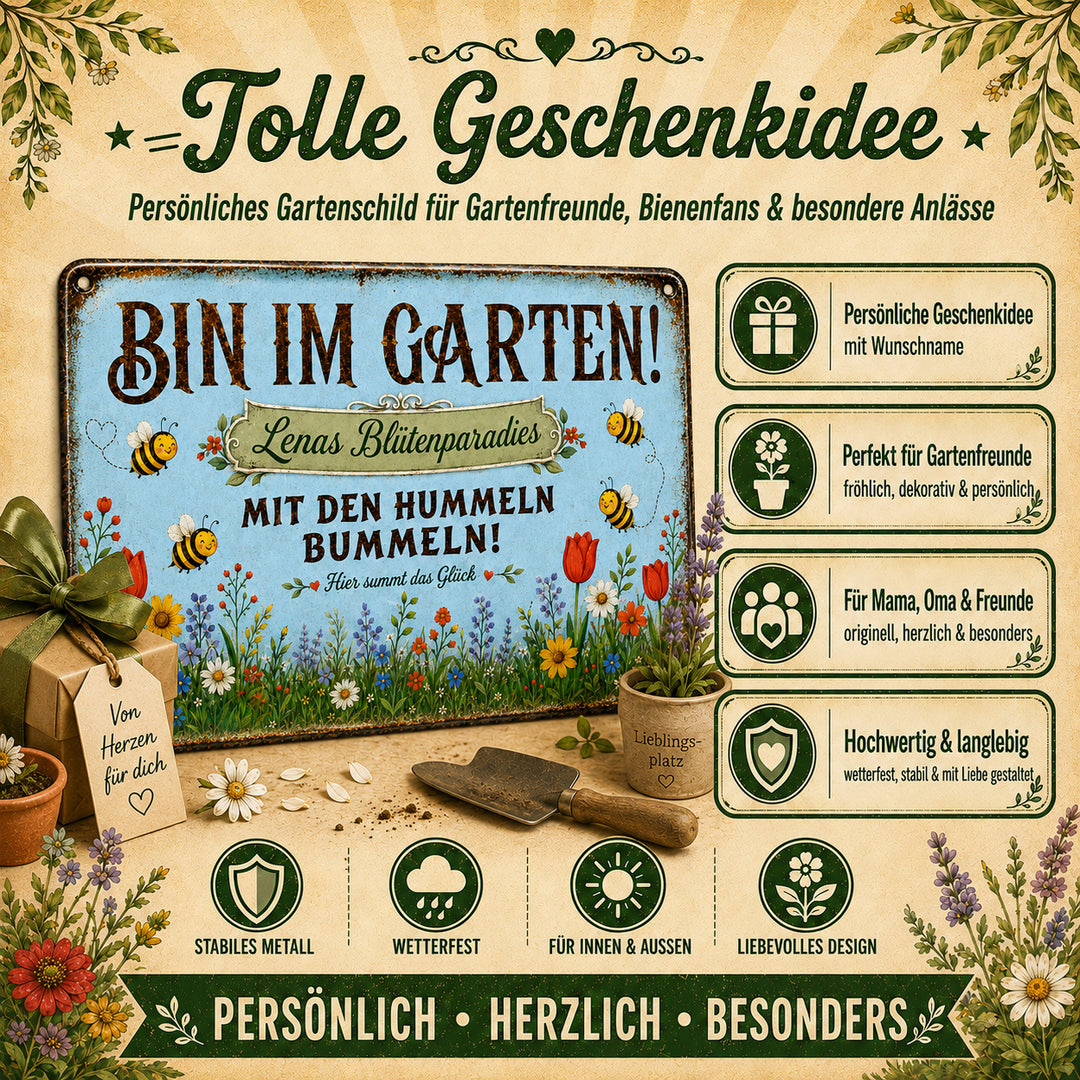 Bin im Garten – Mit den Hummeln bummeln in Blau – personalisiertes Leotie Metallschild, 30 × 20 cm – Produktabbildung 2