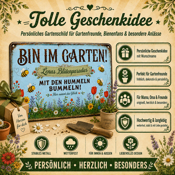 Bin im Garten – Mit den Hummeln bummeln in Blau – personalisiertes Leotie Metallschild, 30 × 20 cm – Produktabbildung 2