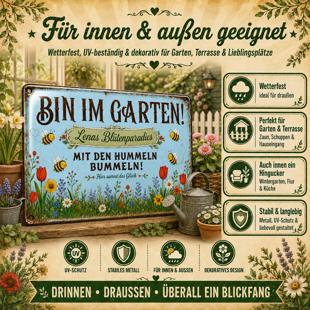 Bin im Garten – Mit den Hummeln bummeln in Blau – personalisiertes Leotie Metallschild, 30 × 20 cm – Produktabbildung 5
