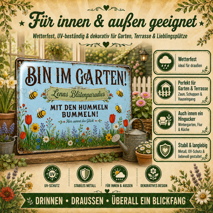 Bin im Garten – Mit den Hummeln bummeln in Blau – personalisiertes Leotie Metallschild, 30 × 20 cm – Produktabbildung 5
