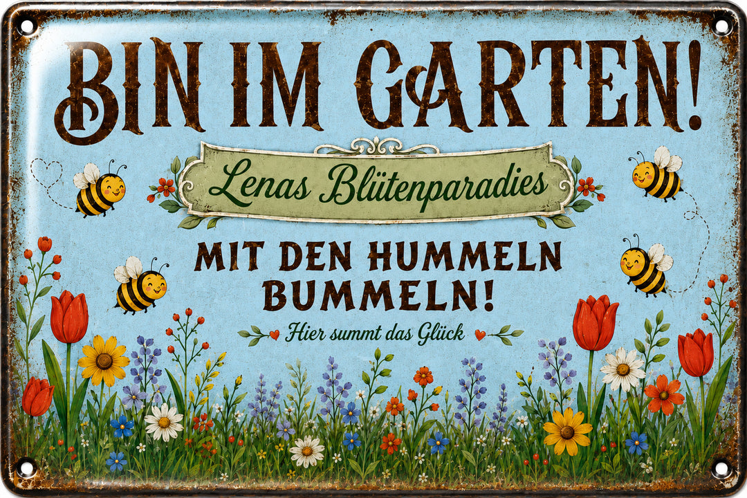 Bin im Garten – Mit den Hummeln bummeln in Blau – personalisiertes Leotie Metallschild, 30 × 20 cm – Motivansicht