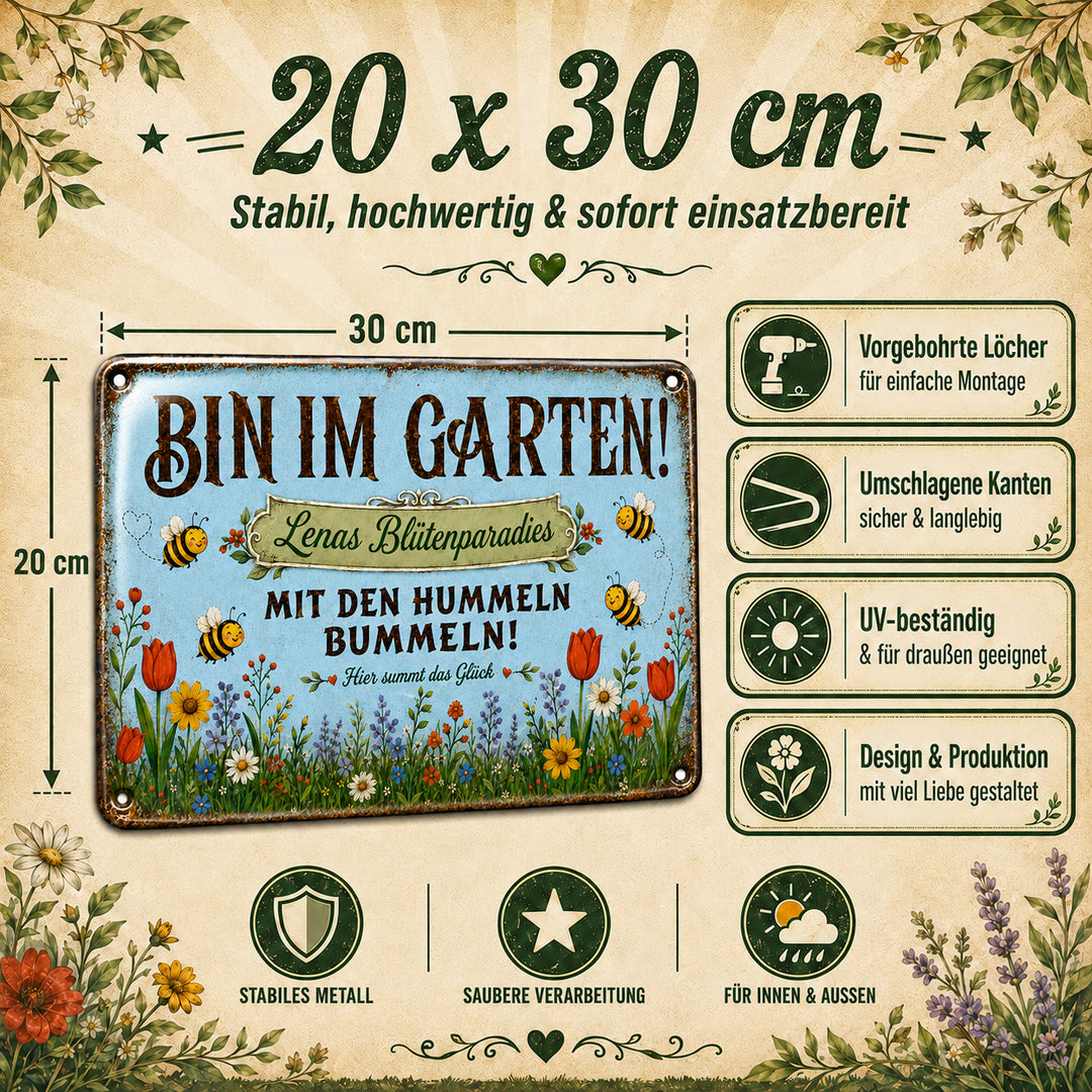 Bin im Garten – Mit den Hummeln bummeln in Blau – personalisiertes Leotie Metallschild, 30 × 20 cm – Produktabbildung 6