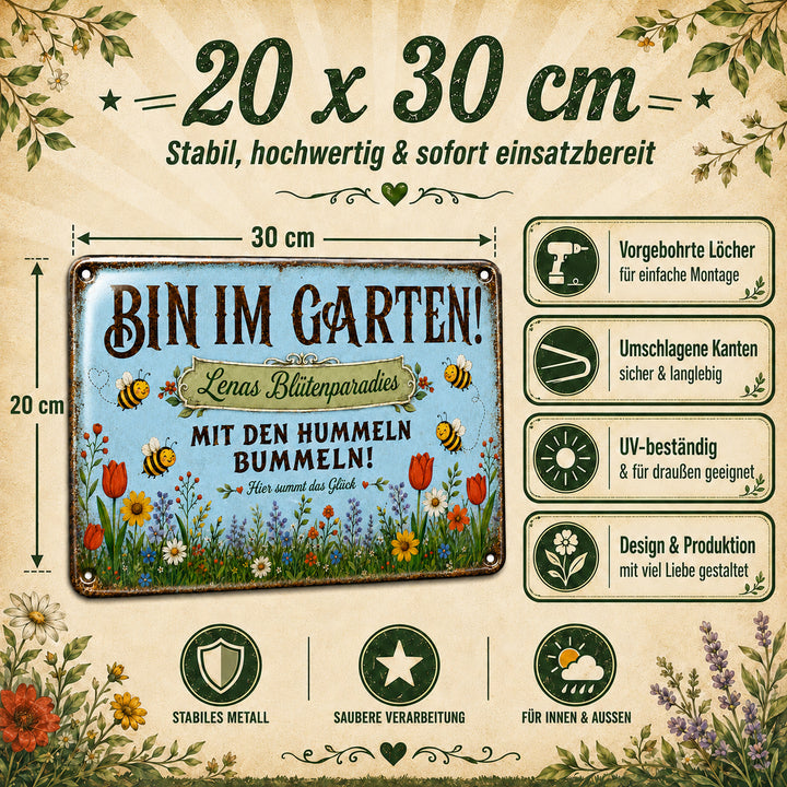 Bin im Garten – Mit den Hummeln bummeln in Blau – personalisiertes Leotie Metallschild, 30 × 20 cm – Produktabbildung 6