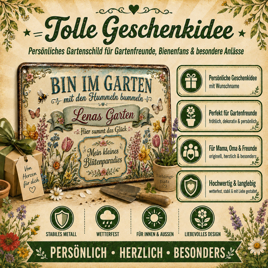 Bin im Garten – Mein kleines Blütenparadies – personalisiertes Leotie Metallschild, 30 × 20 cm – Produktabbildung 2