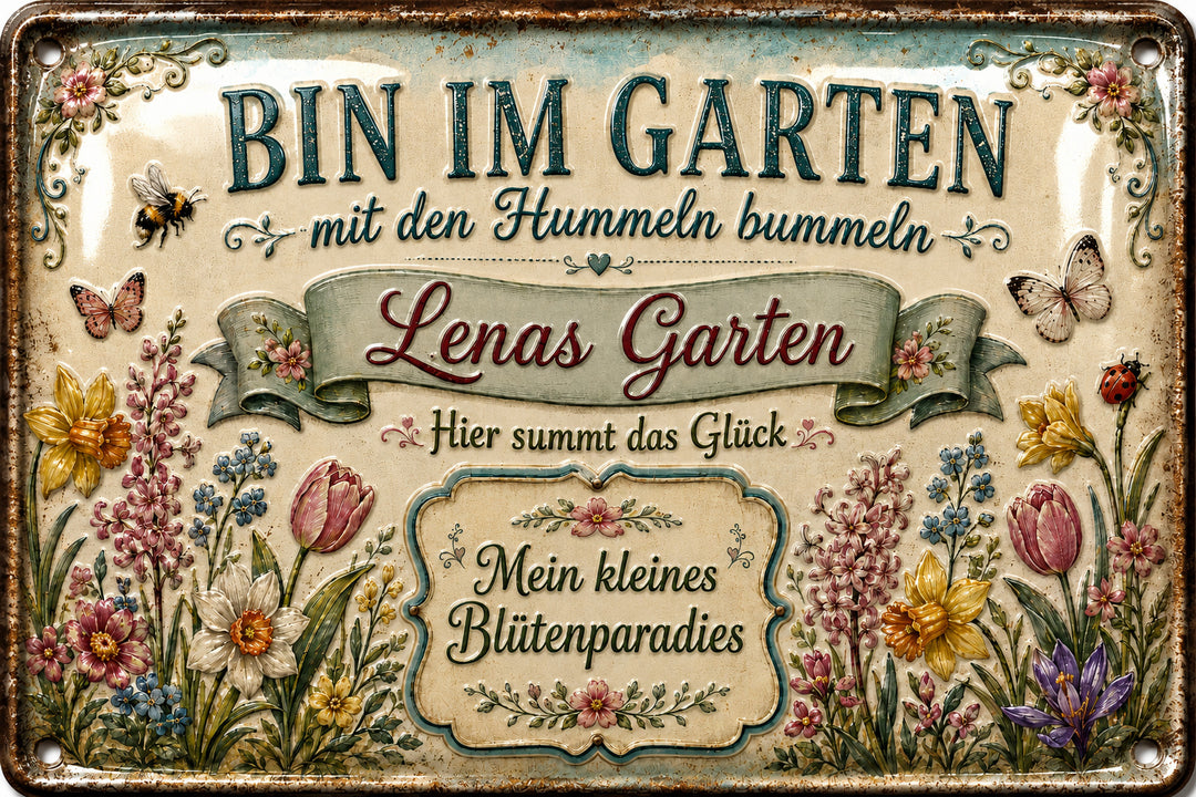 Bin im Garten – Mein kleines Blütenparadies – personalisiertes Leotie Metallschild, 30 × 20 cm – Motivansicht