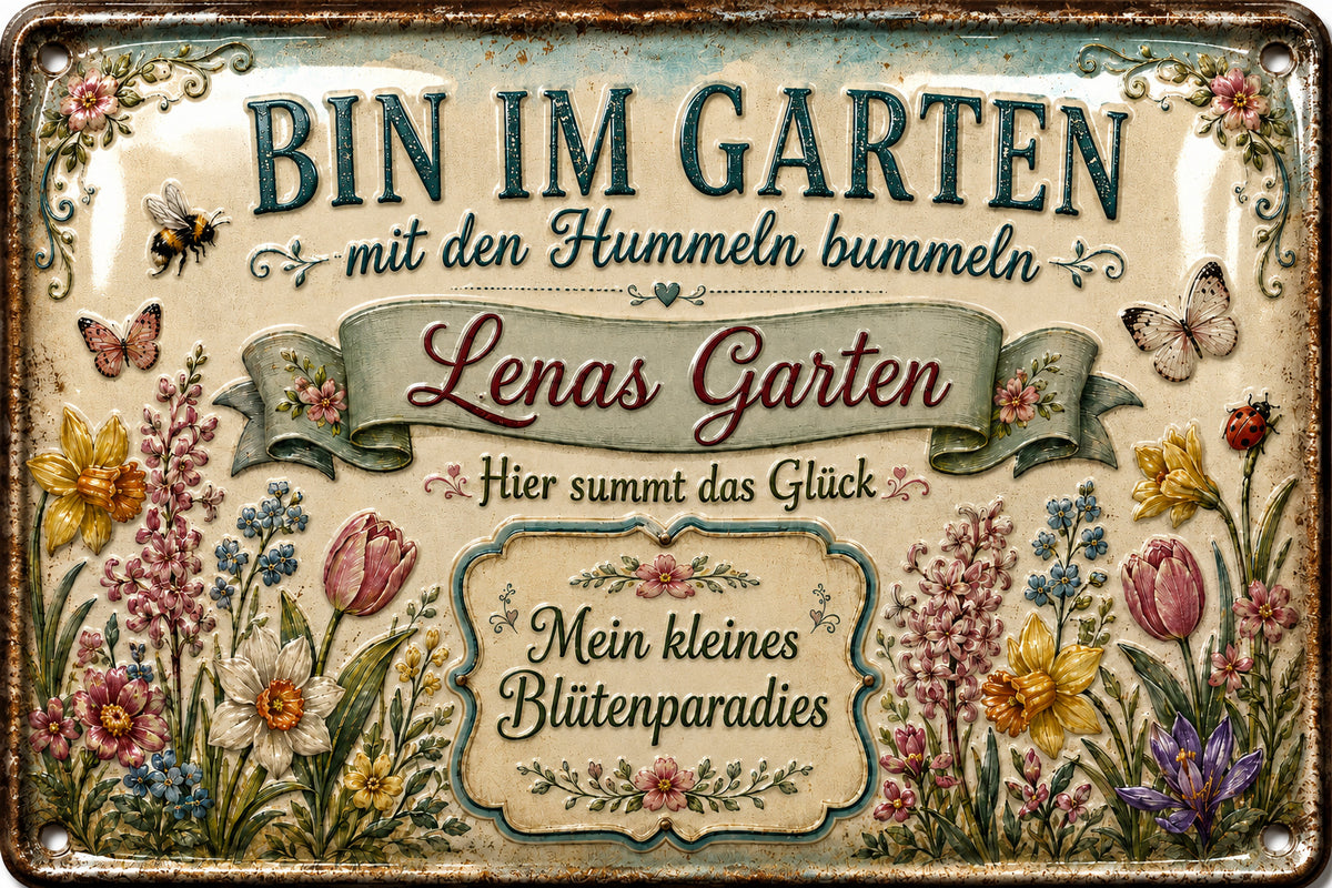 Bin im Garten – Mein kleines Blütenparadies – personalisiertes Leotie Metallschild, 30 × 20 cm – Motivansicht