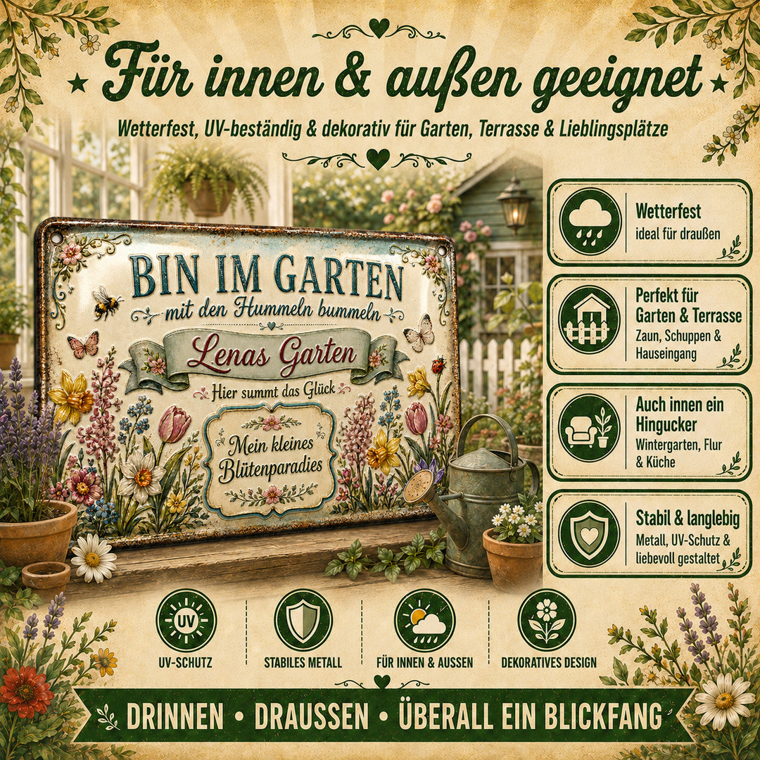 Bin im Garten – Mein kleines Blütenparadies – personalisiertes Leotie Metallschild, 30 × 20 cm – Produktabbildung 4