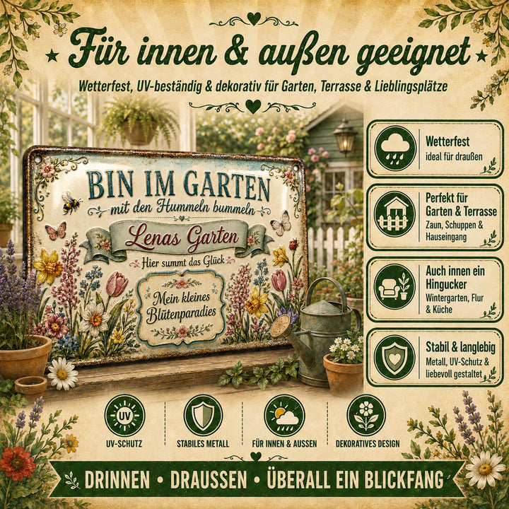 Bin im Garten – Mein kleines Blütenparadies – personalisiertes Leotie Metallschild, 30 × 20 cm – Produktabbildung 4