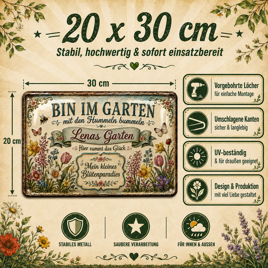 Bin im Garten – Mein kleines Blütenparadies – personalisiertes Leotie Metallschild, 30 × 20 cm – Produktabbildung 5