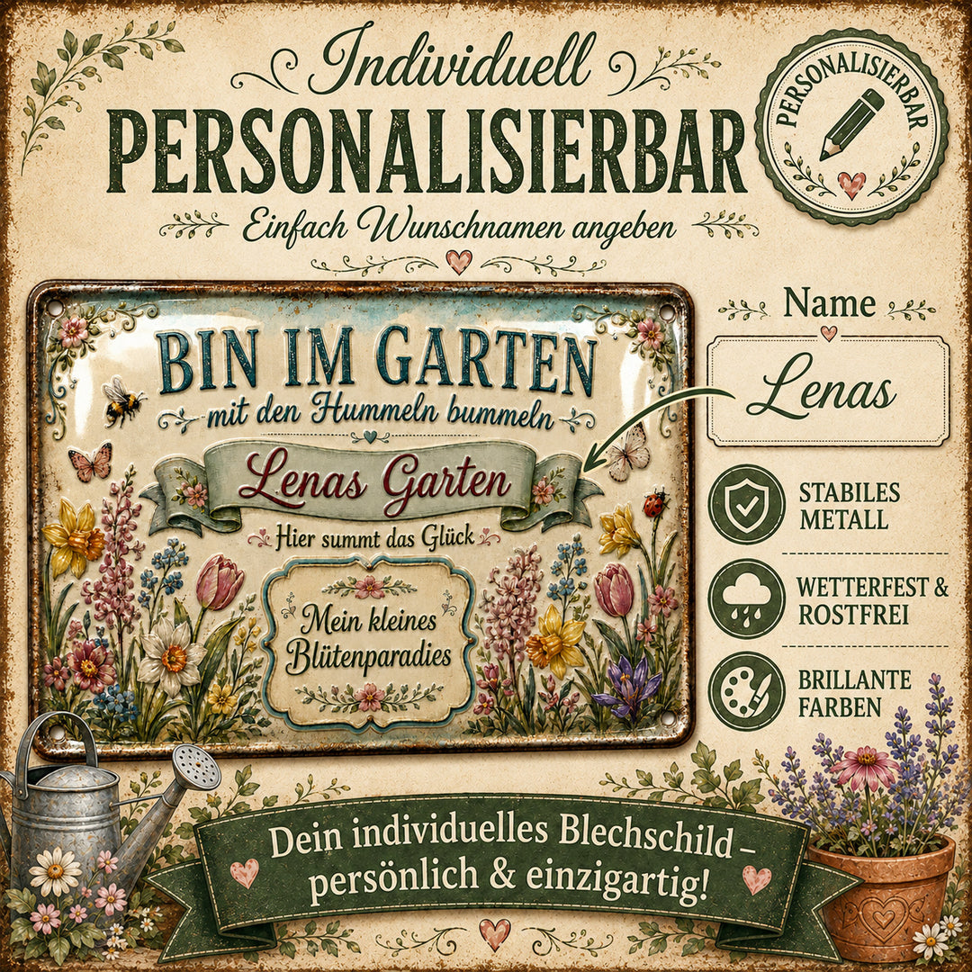 Bin im Garten – Mein kleines Blütenparadies – personalisiertes Leotie Metallschild, 30 × 20 cm – Produktabbildung 6