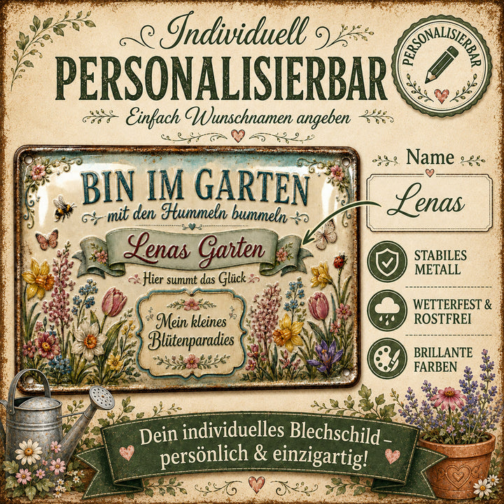 Bin im Garten – Mein kleines Blütenparadies – personalisiertes Leotie Metallschild, 30 × 20 cm – Produktabbildung 6