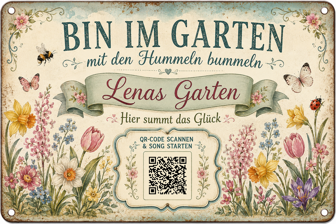 Bin im Garten – Mein kleines Blütenparadies – personalisiertes Blechschild – Ausführung mit QR-Code für einen persönlichen Song, 20 × 30 cm