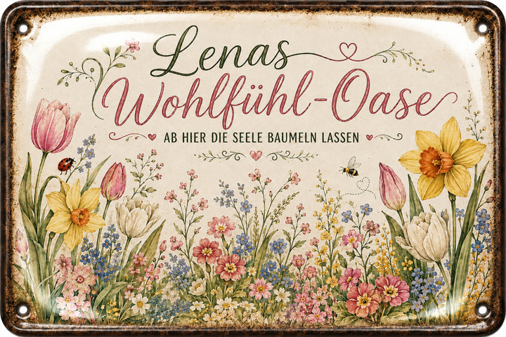 Wohlfühl-Oase – Hier die Seele baumeln lassen – personalisiertes Leotie Metallschild, 30 × 20 cm – Motivansicht