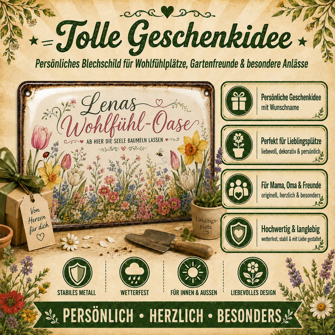 Wohlfühl-Oase – Hier die Seele baumeln lassen – personalisiertes Leotie Metallschild, 30 × 20 cm – Produktabbildung 4