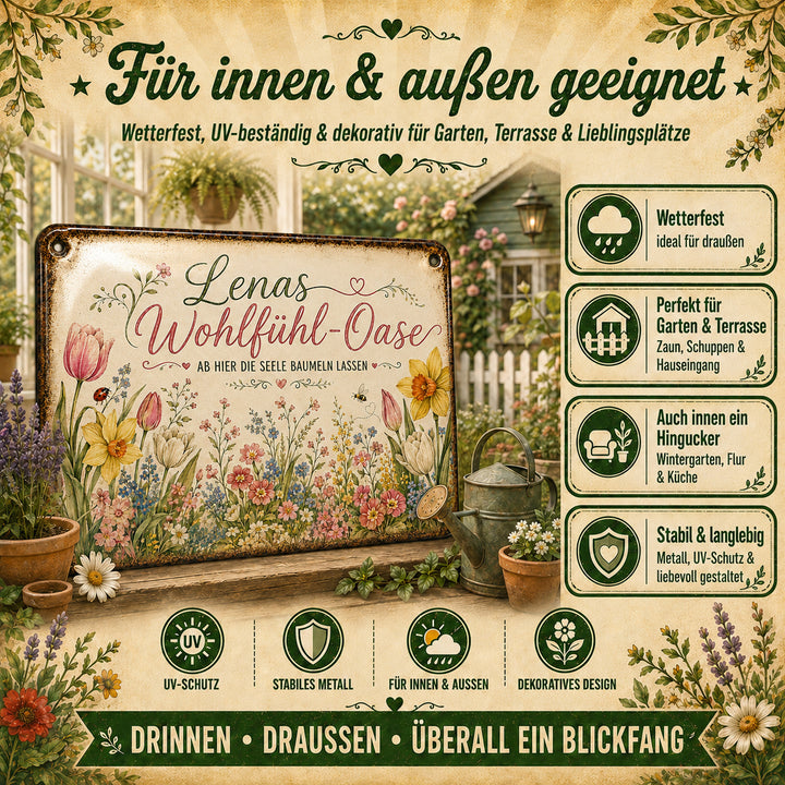 Wohlfühl-Oase – Hier die Seele baumeln lassen – personalisiertes Leotie Metallschild, 30 × 20 cm – Produktabbildung 5