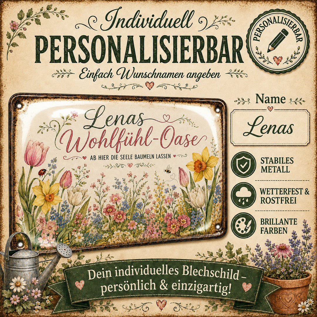 Wohlfühl-Oase – Hier die Seele baumeln lassen – personalisiertes Leotie Metallschild, 30 × 20 cm – Produktabbildung 6