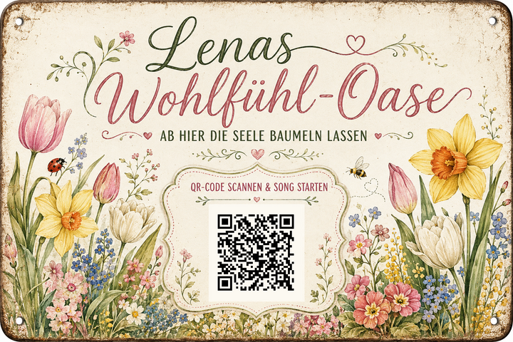 Wohlfühl-Oase – Hier die Seele baumeln lassen – personalisiertes Blechschild – Ausführung mit QR-Code für einen persönlichen Song, 20 × 30 cm