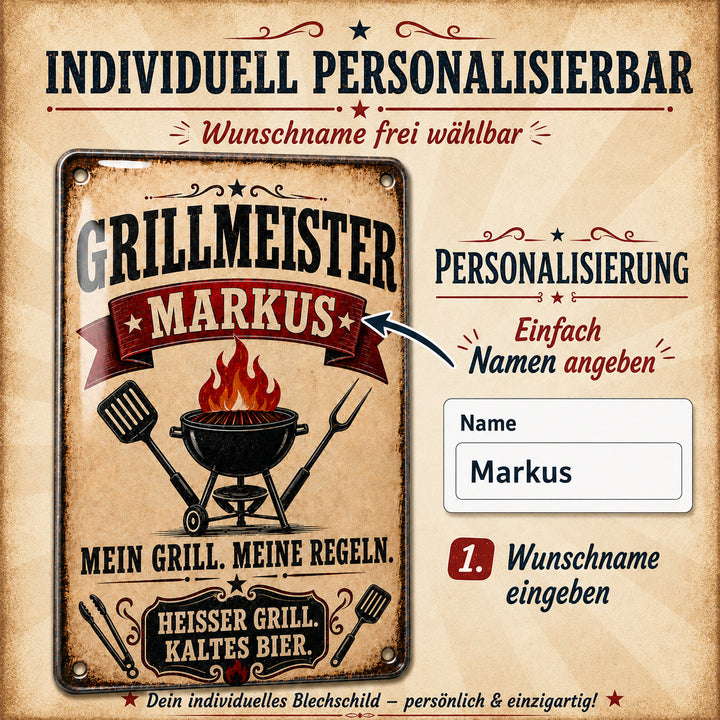 Grillmeister – Mein Grill, meine Regeln – personalisiertes Leotie Metallschild, 20 × 30 cm – Produktabbildung 2