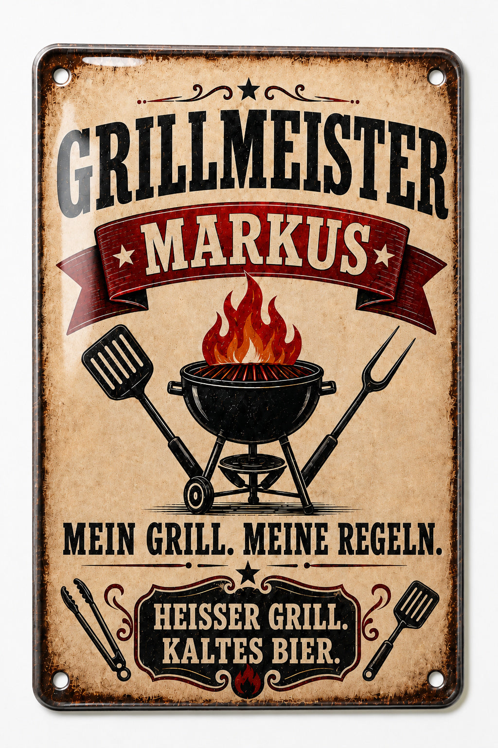 Grillmeister – Mein Grill, meine Regeln – personalisiertes Leotie Metallschild, 20 × 30 cm – Motivansicht