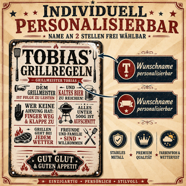 Grillregeln – Gut Glut &amp; guten Appetit – personalisiertes Leotie Metallschild, 20 × 30 cm – Produktabbildung 2