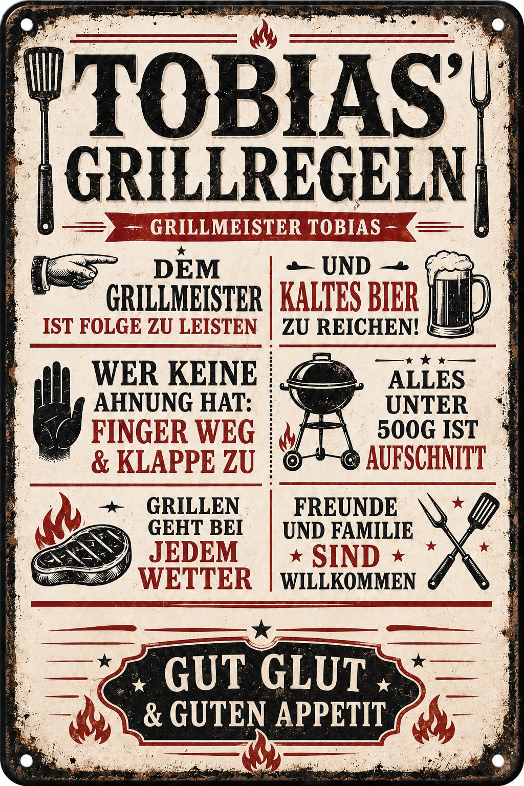 Grillregeln – Gut Glut & guten Appetit – personalisiertes Leotie Metallschild, 20 × 30 cm – Motivansicht
