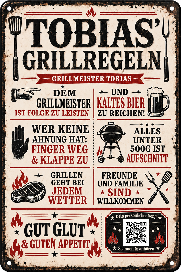 Grillregeln – Gut Glut &amp; guten Appetit – personalisiertes Blechschild – Ausführung mit QR-Code für einen persönlichen Song, 20 × 30 cm