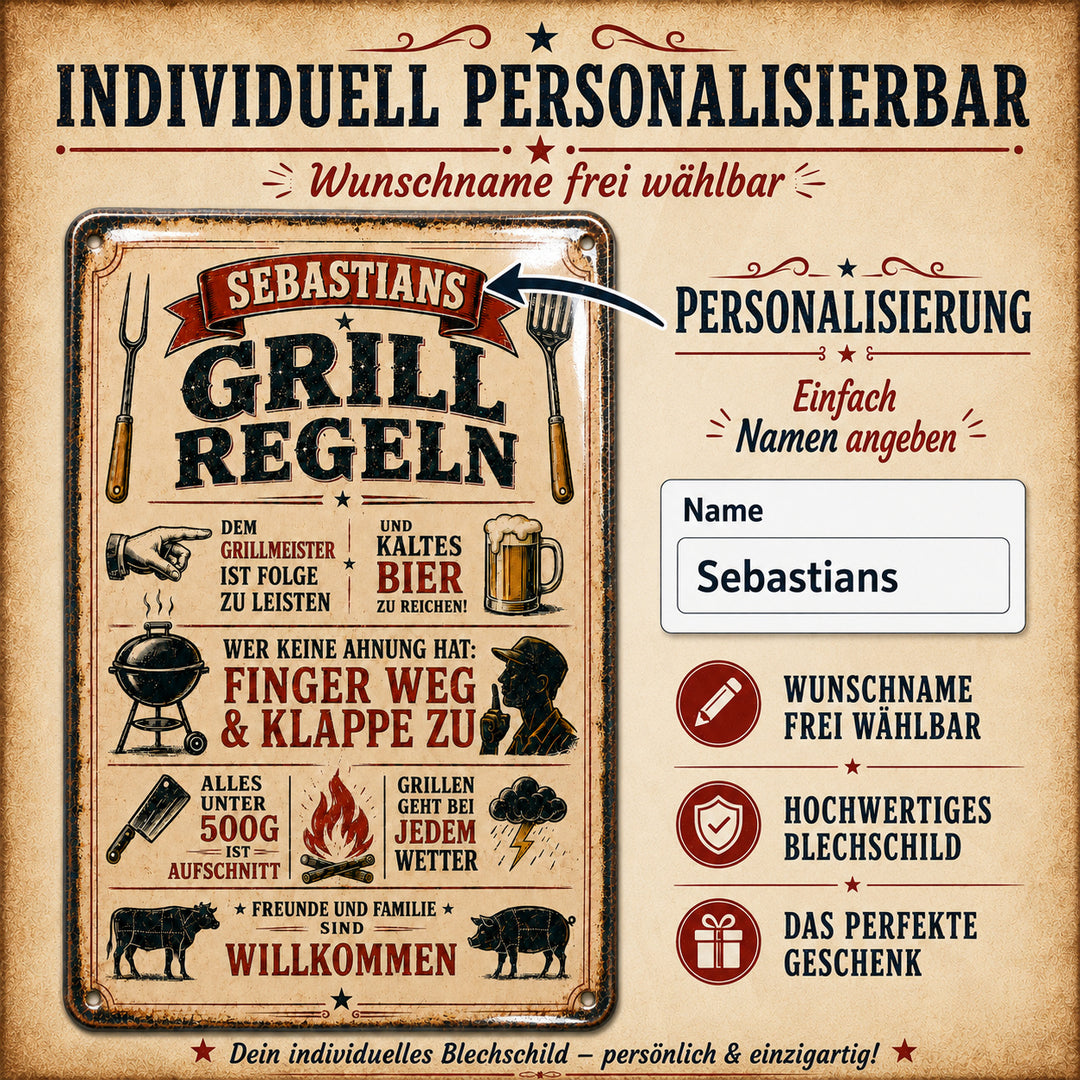 Grillregeln – Freunde und Familie willkommen – personalisiertes Leotie Metallschild, 20 × 30 cm – Produktabbildung 4