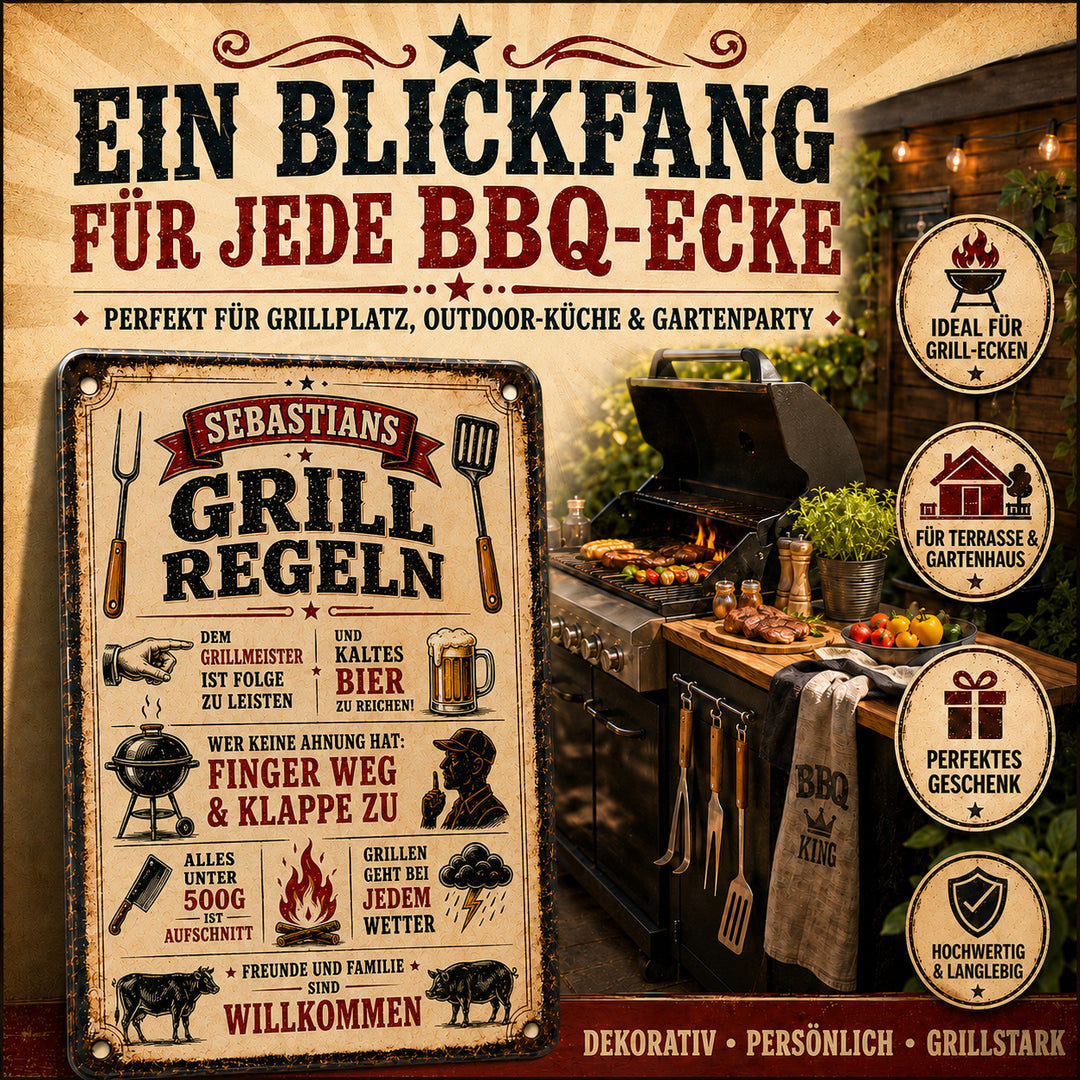 Grillregeln – Freunde und Familie willkommen – personalisiertes Leotie Metallschild, 20 × 30 cm – Produktabbildung 5