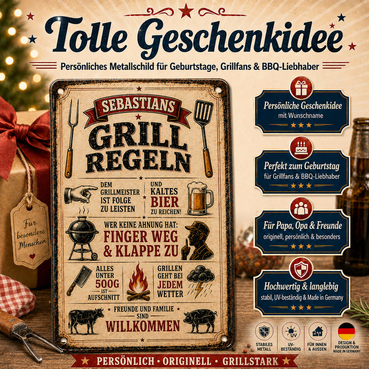 Grillregeln – Freunde und Familie willkommen – personalisiertes Leotie Metallschild, 20 × 30 cm – Produktabbildung 6