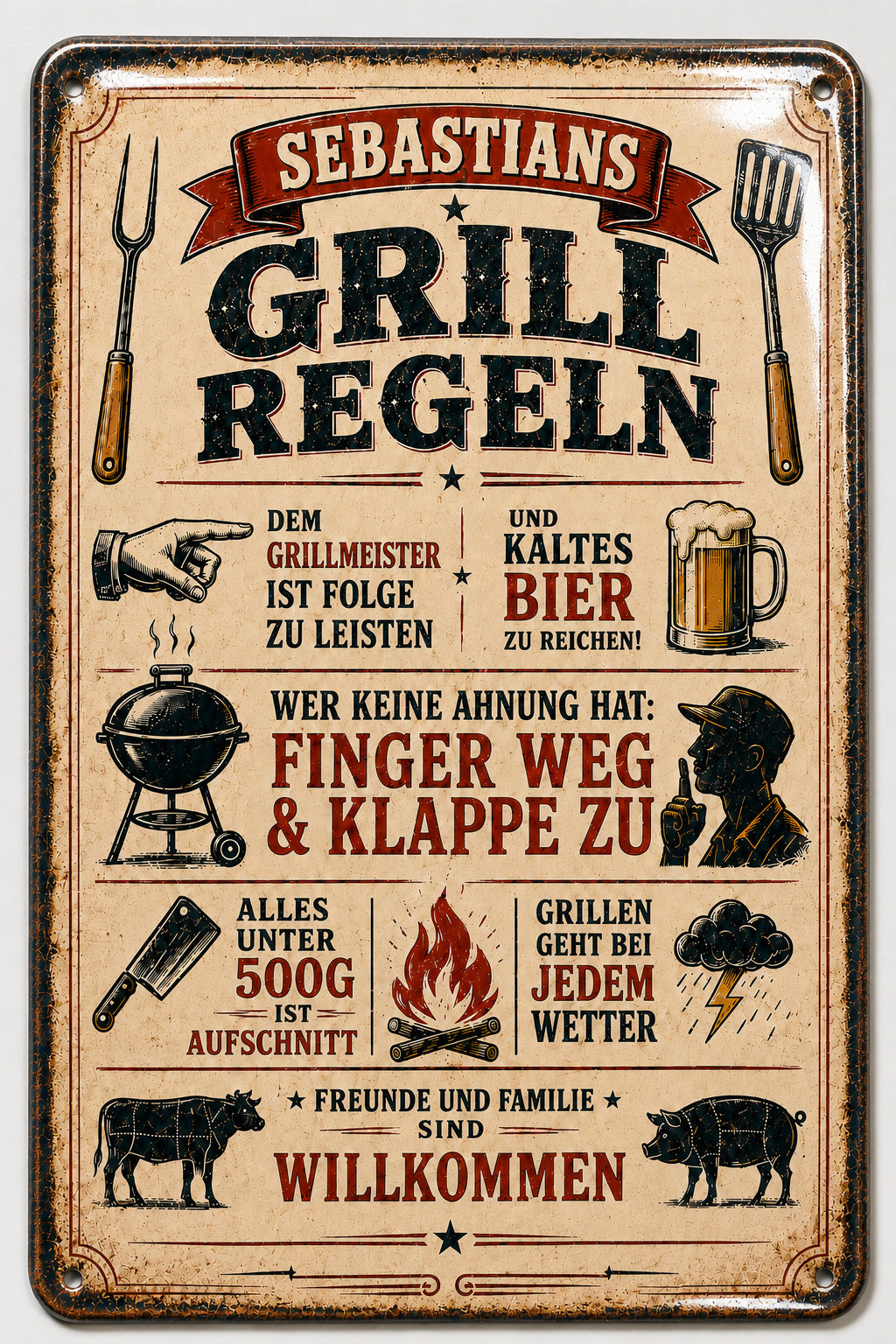 Grillregeln – Freunde und Familie willkommen – personalisiertes Leotie Metallschild, 20 × 30 cm – Motivansicht