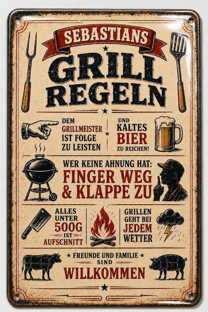 Grillregeln – Freunde und Familie willkommen – personalisiertes Leotie Metallschild, 20 × 30 cm – Motivansicht