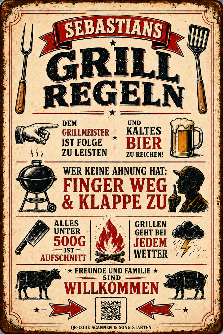 Grillregeln – Freunde und Familie willkommen – personalisiertes Blechschild – Ausführung mit QR-Code für einen persönlichen Song, 20 × 30 cm