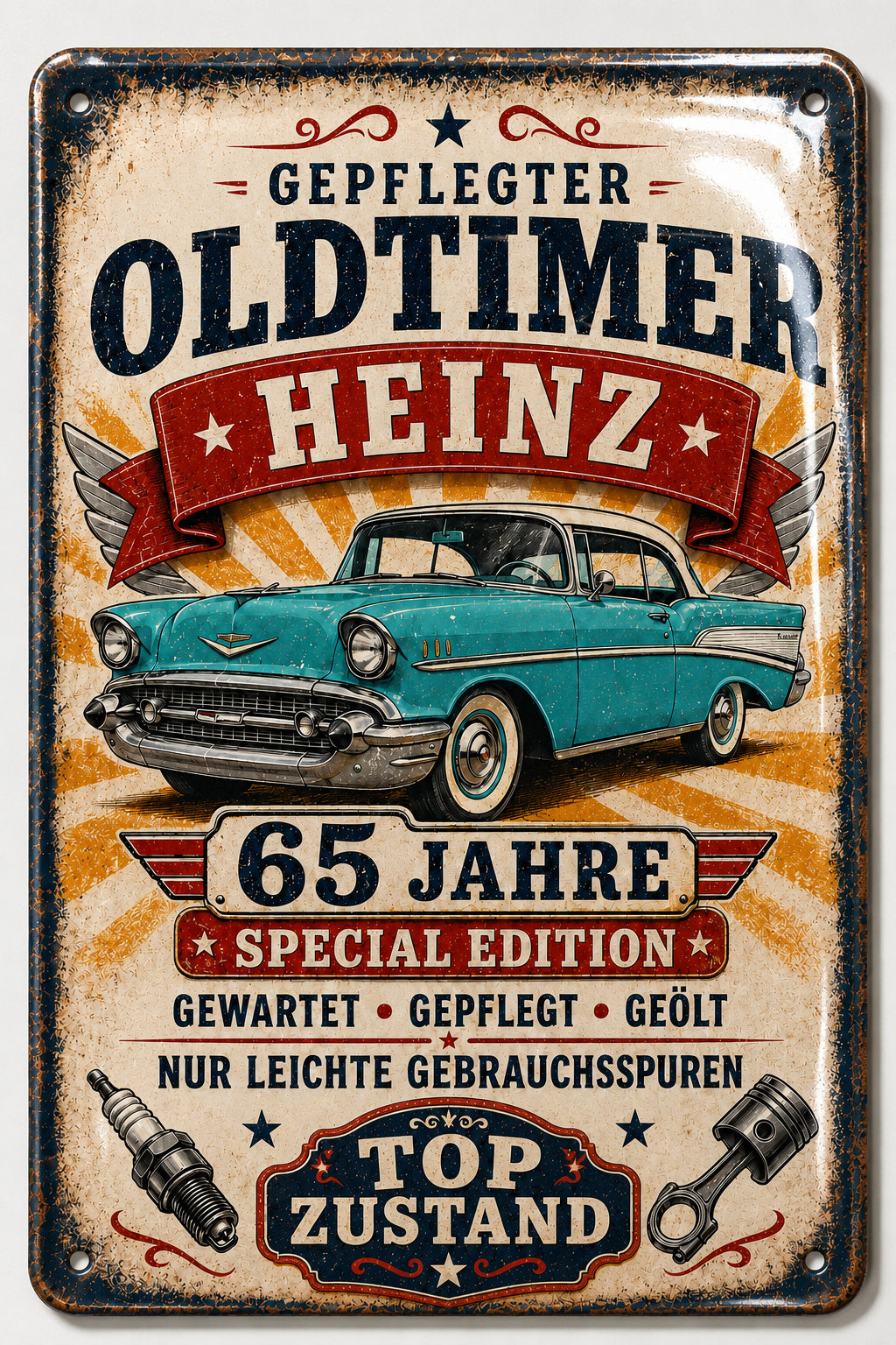 Gepflegter Oldtimer – Türkiser Klassiker zum Geburtstag – personalisiertes Leotie Metallschild, 20 × 30 cm – Motivansicht