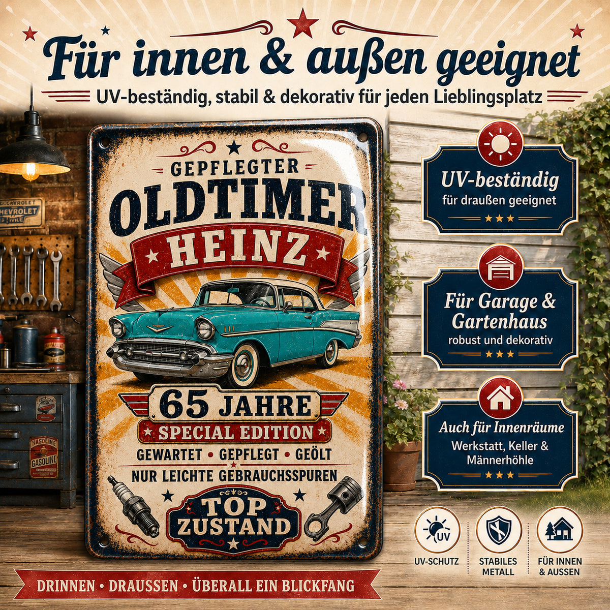 Gepflegter Oldtimer – Türkiser Klassiker zum Geburtstag – personalisiertes Leotie Metallschild, 20 × 30 cm – Produktabbildung 2