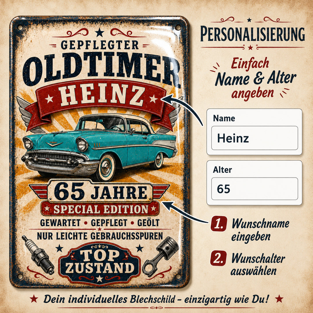 Gepflegter Oldtimer – Türkiser Klassiker zum Geburtstag – personalisiertes Leotie Metallschild, 20 × 30 cm – Produktabbildung 4